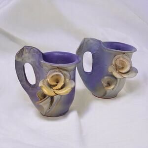 Hand Made Ceramic Purple & Cream Floral Ceramic Cups 2 Small